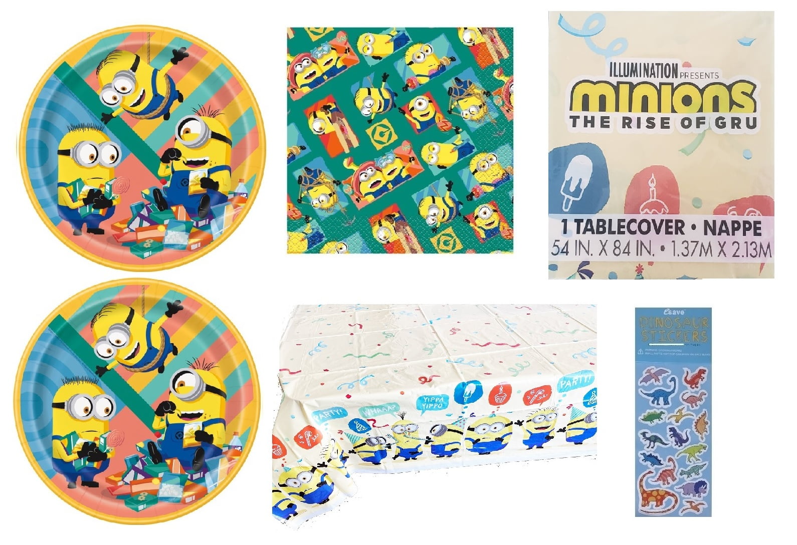 Despicable Me Birthday Party Supplies Bundle includes 16 Paper Plates 9", 16 Paper Napkins, 1 Plastic Table Cover 54" x 84", 1 Dinosaur Sticker Sheet