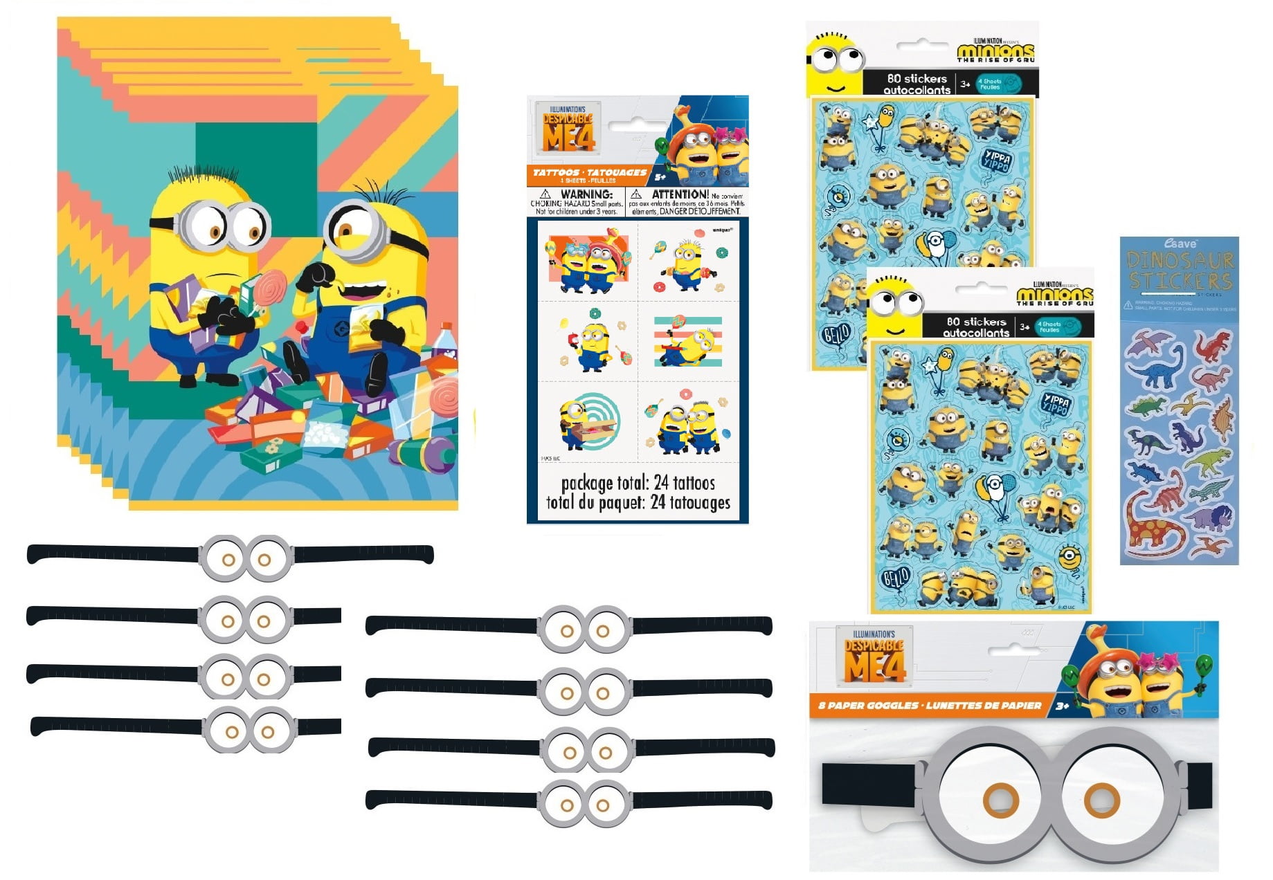 Despicable Me Birthday Party Supplies Favor Bundle Pack includes 8 Loot Bags, 8 Sticker Sheets, 8 Goggles, 24 Tattoos