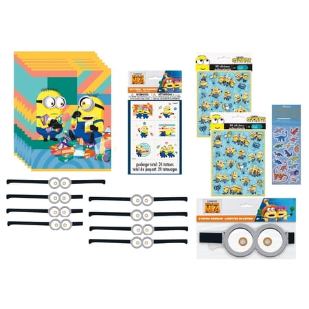 Despicable Me Birthday Party Supplies Favor Bundle Pack includes 8 Loot Bags, 8 Sticker Sheets, 8 Goggles, 24 Tattoos