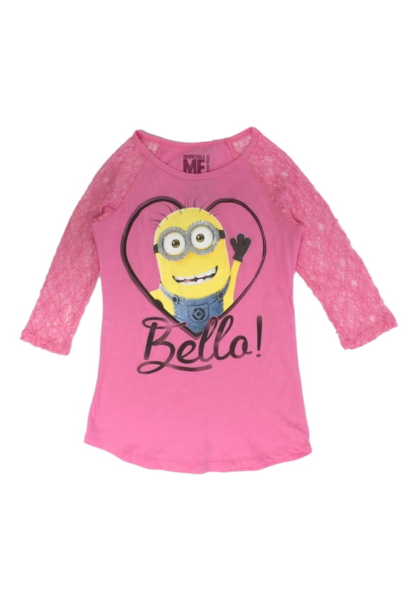 Girls Pink Minion Bello Lace Quarter Sleeve T-Shirt Top L (14)