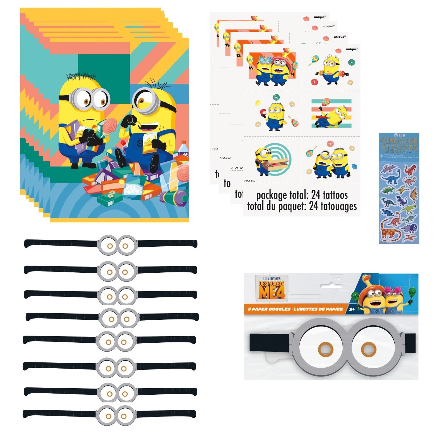 Despicable Me Minions Birthday Party Supplies Favor Bundle Includes 8 Loot Bags, 8 Paper Goggles, 24 Tattoos, 1 Dinosaur Sticker Sheet