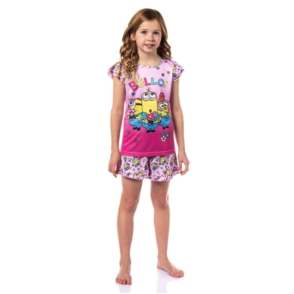 Despicable Me Minions Girls' Flower Bello! 2 Piece Pajama Set Short Sleeve Sleep Shirt and Shorts Loungewear