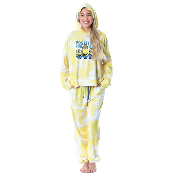 Despicable Me Minions Positive Vibes Tie Dye Womens Hooded Pajamas Jogger Set with Pockets Sleepwear Loungewear