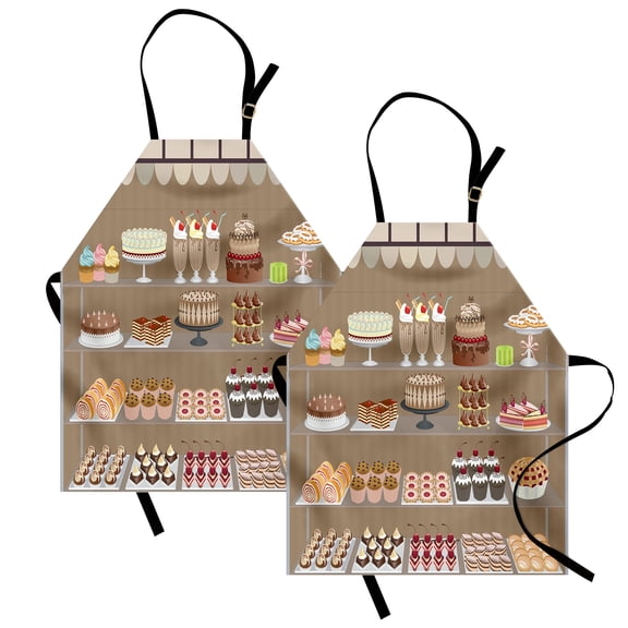 Dessert Apron Pack of 2, Illustration of Bakery Shop Window Displaying Apple Pies Milkshakes Cakes, Unisex Kitchen Bib with Adjustable Neck, 2 Pcs - Adult Size, Multicolor, by Ambesonne