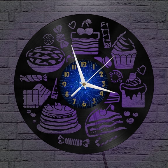 Dessert Cake 12 Inch Vinyl Record Wall Clock - Silent, Creative, and Unique Clock for Living Room, Entryway, or Bedroom Decor - Perfect Gift Idea(12 inchs B with LED)