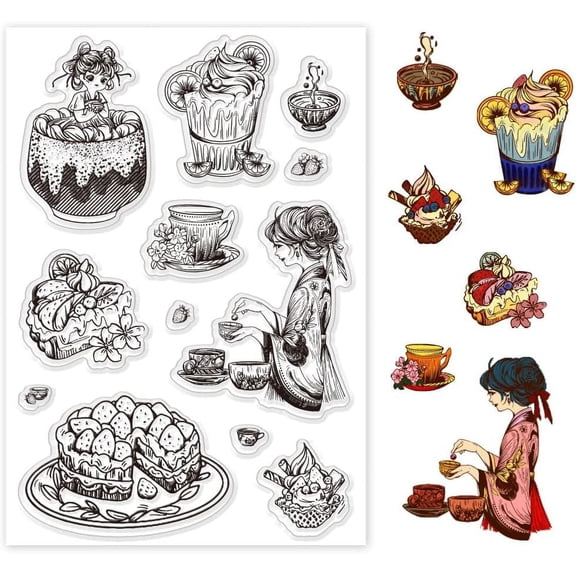 Dessert Clear Stamps Food Elements Transparent Stamp Decorative Clear Stamps Cake Craft Stamp Drink Rubber Stamp for DIY Birthday Card Making Arts Crafts Scrapbooking Crafting Journal Decor