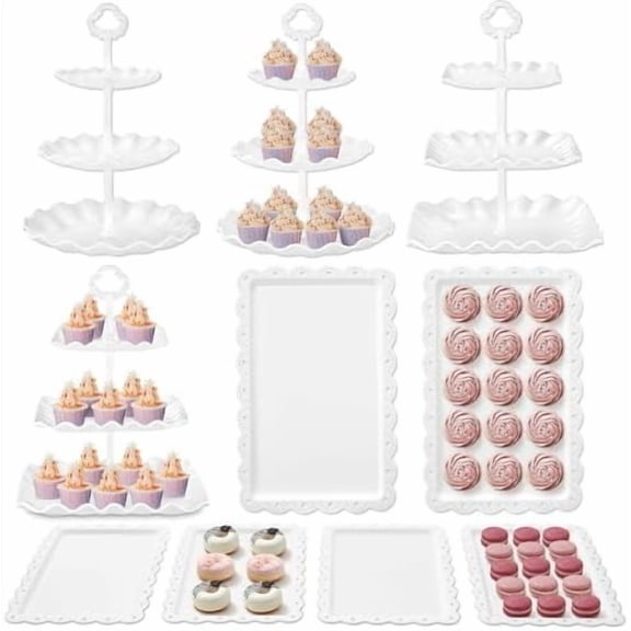 Dessert Cupcake Stand, 10pcs Dessert Table Display Set, 3 Tiered Cup Cake Holder Tower Stand Riser& Cookie Serving Trays for Wedding, Tea Party, Birthday, Baby Shower Bright White,10 Set
