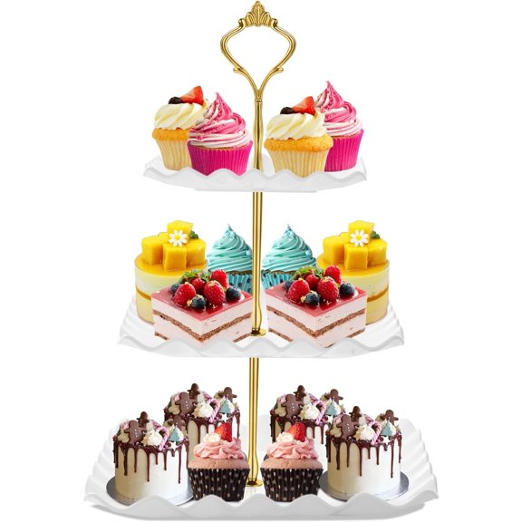 Dessert Cupcake Stand, 3 Tier Cup Cake Holder Tower for Party/Birthday/Wedding, Plastic Tiered Serving Tray with Metal Rod, White