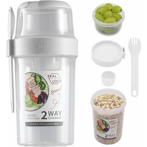 Dessert Cups, Breakfast On The Go Cups, Travel Cereal Bowl and Milk Container, Reusable Cereal Yogurt Cup with Lids and Spoon Portable for Lunch, Oatmeal, Fruit and Vegetable(White,L)