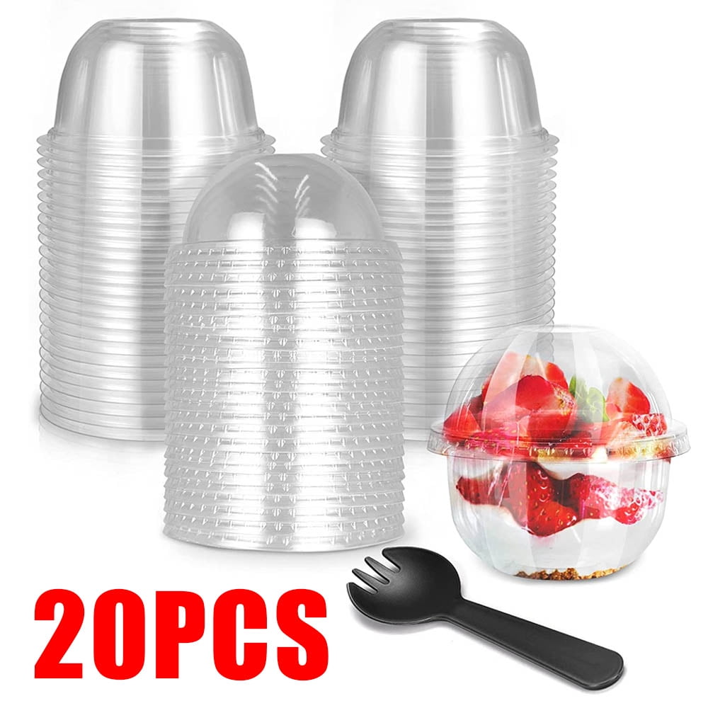 Plastic Food Cups - Stackable With Built-In Spork - Oval - Clear