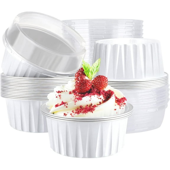 Dessert Cups with Lids, 25pcs 5oz Disposable Ramekins Baking Cups, Cupcake Liners Aluminum Foil Mini Cheesecake Creme Brulee Ramekins Containers for Wedding Party Catering Gathering-White