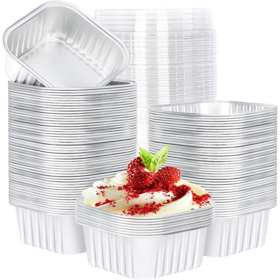 Dessert Cups with Lids, 5oz 100pcs Disposable Aluminum Foil Baking Cups with Clear Lids, Disposable Foil Ramekins Muffin Liners, Creme Brulee Souffle Cupcake Cups Pans - White