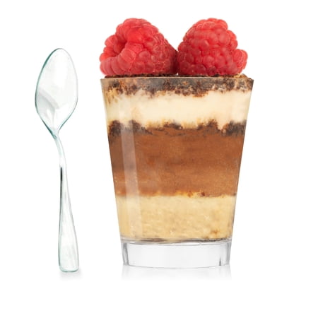 Dessert Cups with Spoons - Round Clear Plastic Disposable Shooter Cups for Serving Desserts, Fruits & Appetizers - Elegant Mini Circular Cups for Parties, Weddings, Sampling - Reusable