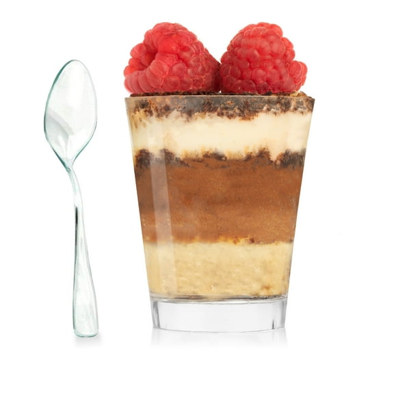 Dessert Cups with Spoons - Round Clear Plastic Disposable Shooter Cups for Serving Desserts, Fruits & Appetizers - Elegant Mini Circular Cups for Parties, Weddings, Sampling - Reusable