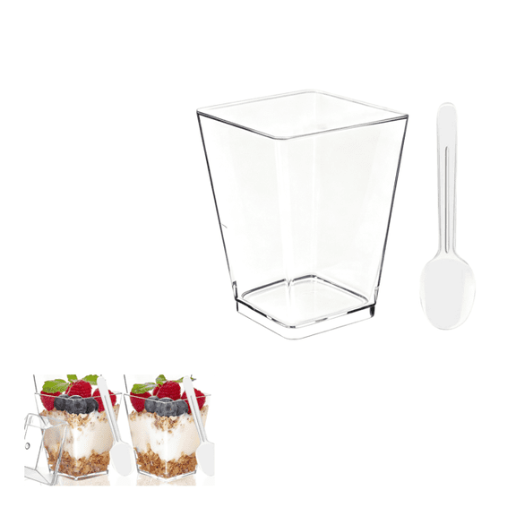Dessert Cups With Spoon, Desert Cups With Lids,Dessert Cups With Lids, Elegant Plastic Mini Dessert Tumblers For Fruit Mousse Yogurt Pudding, Clear,