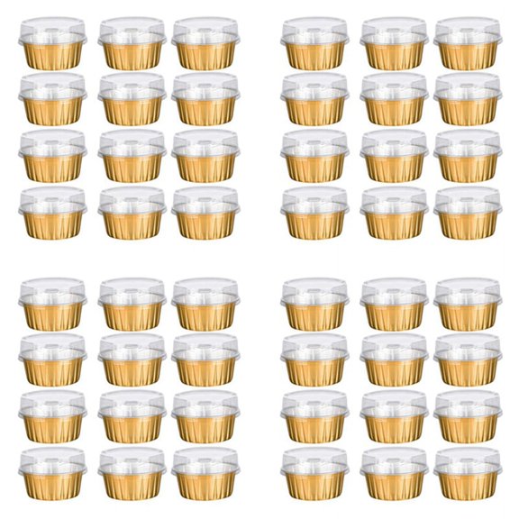 Dessert Cups with Lids, 200 Pack Gold Aluminum Foil Baking Cups Holders, Cupcake Bake Utility Ramekin Clear Pudding Cups