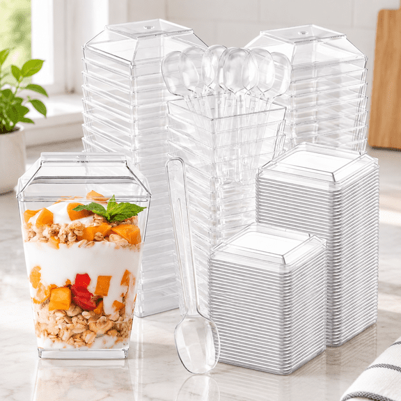 Dessert Cups with Lids and Spoons, 5 oz Clear Trapezoid, 25 Set