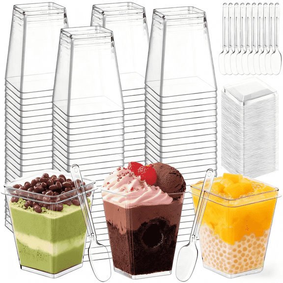 150 Pcs Dessert Cups with Lids and Spoons, 5 oz Mini Clear Plastic Dessert Parfait Cup, Reusable Fruit Ice Cream Cake Pudding Cups