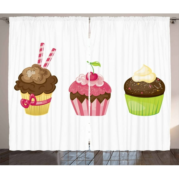 Ambesonne Dessert Curtains 2 Panel Set, Puffy Party Cupcakes, 108" x 63", Multicolor