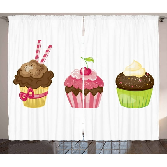 Ambesonne Dessert Curtains 2 Panel Set, Puffy Party Cupcakes, 108" x 90", Multicolor