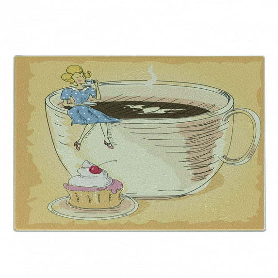 Dessert Cutting Board, Retro Dressed Lady Sitting on a Gigantic Coffee Mug and Sipping Coffee, Decorative Tempered Glass Cutting and Serving Board, Small Size, Apricot and Multicolor, by Ambesonne