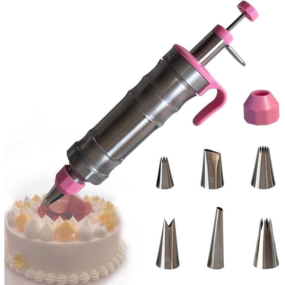 Dessert Decorating Piping Syringe Set Cake Decorating Tool Cookie Gun Press,Icing Decoration Gun,Frosting Piping Kit 6 Piping Icing Nozzles for Baking,Decorating Cupcake,Deviled Eggs (Silver & Pink)