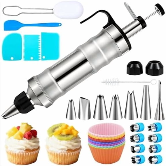 Dessert Decorating Syringe Set, Cake Decorating Kit, Stainless Steel Baking Tools, Cupcake Decoration Supplies, All-in-One Baking Piping Solution KitPiping Icing NozzlesFrosting Piping Kit$$