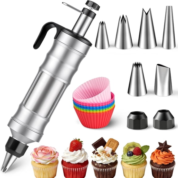 Dessert Decorating Syringe Set - Cupcake Icing Piping Kit, Cupcake Frosting Filling Injector with 6 Piping Icing Nozzles, 9 Silicone Cupcakes for Cake, Cupcakes, Cookie (18Pcs-Black)