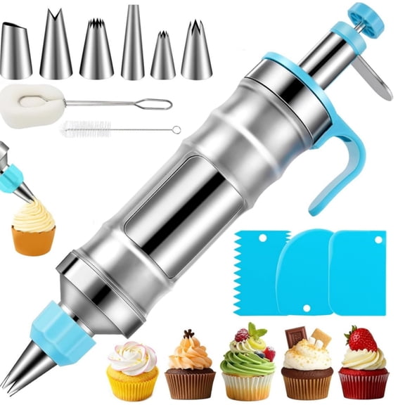 Dessert Decorating Syringe Set, Dingrich Icing Dispenser Frosting Piping Kit Stainless Steels Cake Decorating Kit with 6 Icing Nozzles, 3 Cream Scraper, 2 Brush for Kitchen Baking (Blue)