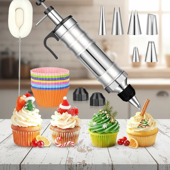 Dessert Decorating Syringe Set, Frosting Piping Kit, Stainless Steel Icing Piping Kit, Cake Decorating Tools 6 Russian Piping Icing Nozzles Cupcake Piping Kit Christmas Baking Gifts