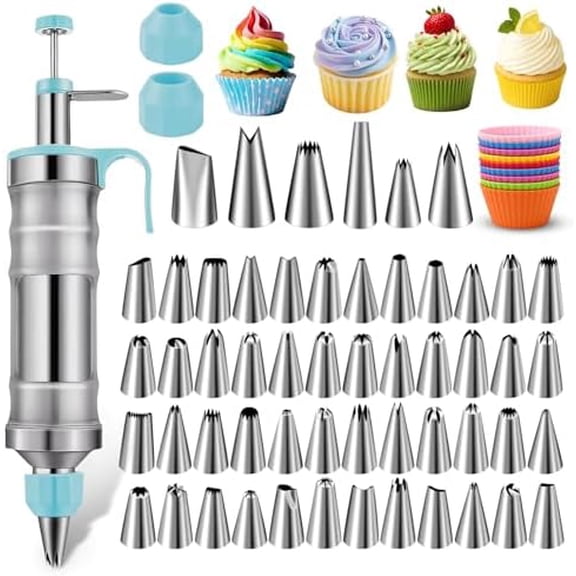 Dessert Decorating Syringe Set, Frosting Piping Kit Stainless Steels Cake Decorating Kit with 54 Piping Tips & 9 silicone cupcakes, Cupcake Decorating Kit Piping Bags and Tips Set (Blue)
