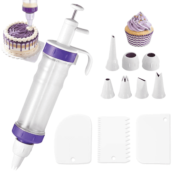 Dessert Decorator - The Kit Includes a Plunger-Style Tool, 3 Cream Scrapers, 2 Couplers, 5 Piping Syringe Nozzles, Plastic, White & Purple