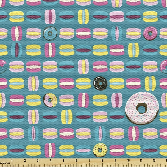 Ambesonne Dessert Fabric by the Yard Upholstery, Delicious Colorful Donuts, 1 Yard, Teal and Multicolor