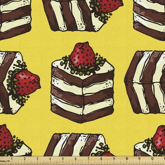 Dessert Fabric by the Yard, Graphic Pattern of Cake Slices with Strawberries on Top Creamy Tasty Foods, Decorative Upholstery Fabric for Sofas and Home Accents, Yellow Multicolor by Ambesonne