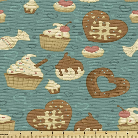 Dessert Fabric by the Yard, Heart Shapes Dominated Patisserie Pattern Cookies Cupcakes and Candies, Decorative Upholstery Fabric for Chairs & Home Accents, Teal Caramel Sand Brown by Ambesonne