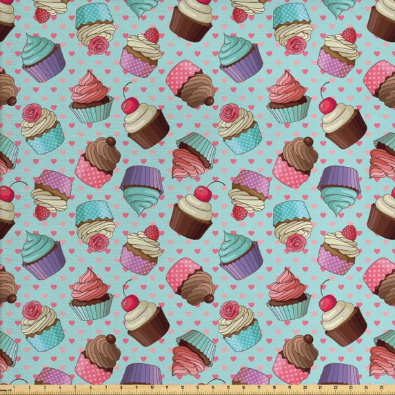 Ambesonne Dessert Fabric by the Yard Upholstery, Hearts and Cupcakes, 2 Yards, Multicolor