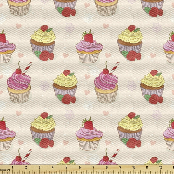 Dessert Fabric by the Yard, Romantic Pattern Colorful Cupcakes Ornamented with Rose Flowers Print, Decorative Upholstery Fabric for Sofas and Home Accents, Champagne and Multicolor by Ambesonne