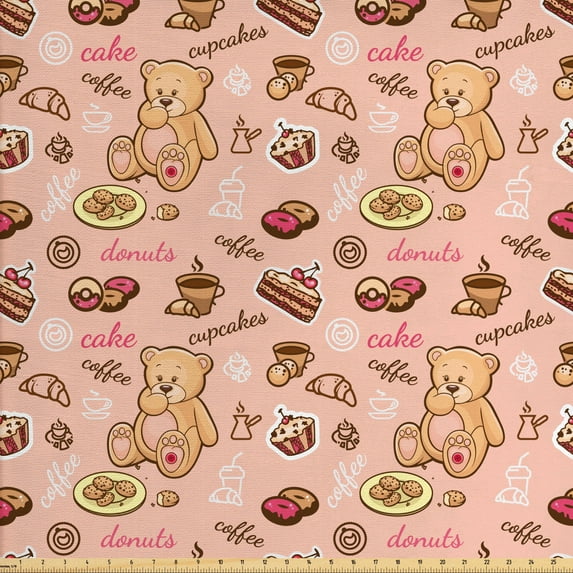 Ambesonne Dessert Fabric by the Yard Upholstery, Cupcakes Cookies Donuts, 10 Yards, Sand Brown Coral