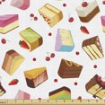 thumbnail image 1 of Dessert Fabric by the Yard Upholstery, Food Cartoon with Tasty Colorful Triangular Cake Slices Cherry and Strawberries, Decorative Fabric for DIY and Home Accents, Multicolor by Ambesonne, 1 of 5