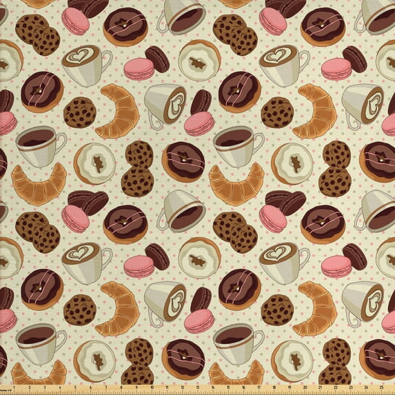 Ambesonne Dessert Fabric by the Yard Upholstery, Donuts and Coffee Art, 10 Yards, Pale Pink Brown Cream