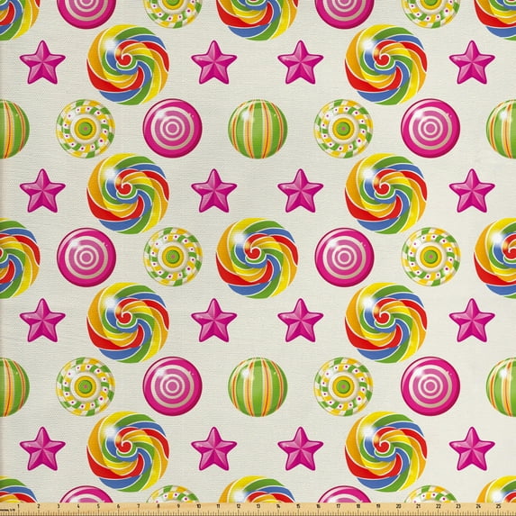 Dessert Fabric by the Yard, Yummy Candy Rainbow Swirl Lollipop with Stars Vibrant Design, Decorative Upholstery Fabric for Chairs & Home Accents, Multicolor by Ambesonne