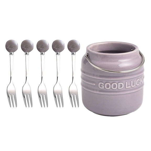 Dessert Fork Set,Stainless Steel 304 Fruit Fork Home Use for Salad, Fruit, Party, Cake, Camping Cutlery set (Purple Ceramic Jar+5 Forks)