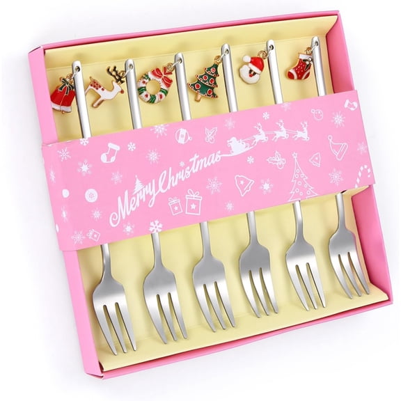 Dessert Forks Set Silverware Silver Christmas Stainless Steel Appetizer Serving Utensils with 6 Designs Xmas Pendants for Festival Parties Everyday Use