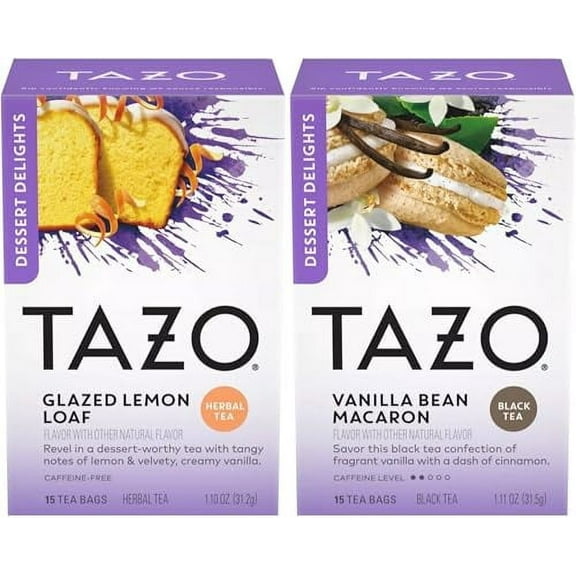 Dessert Inspired Flavored Tea 2 Flavor Variety Bundle, (1) Each: Glazed Lemon Loaf And Vanilla Bean Macaron (15 Count)