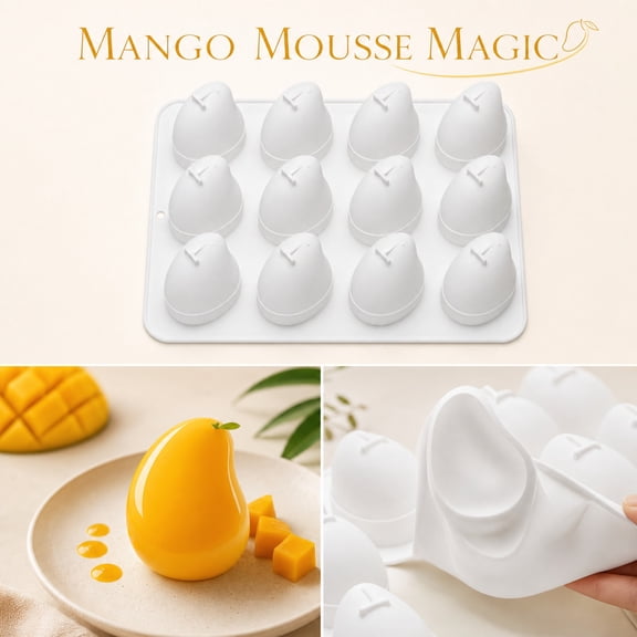 Dessert Molds, Silicone Baking Molds for Mousse, Pudding Mold, Mango Pastry Mold, Easy Demold Grade Silicone Baking Supply, 12 Cavity 3D Mango Design Confectionery Mold, 11X7X1