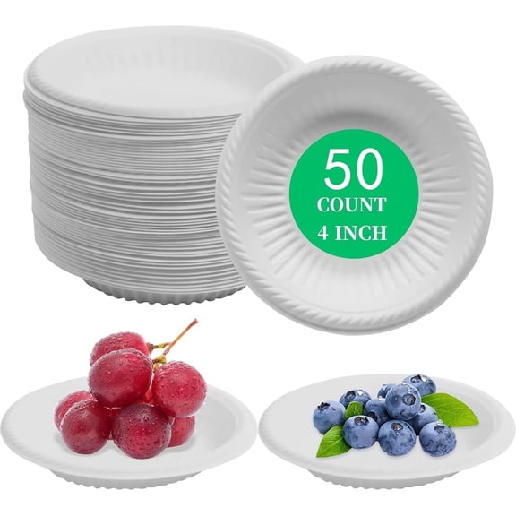 Dessert Paper Plates,Tutuviw 50 Count 4 Inch Mini Disposable Starch Plates,Heavy Duty Uncoated Plates,Round Cake Appetizer Dinner Paper Plates for Holiday Wedding Graduation Christmas Party, White