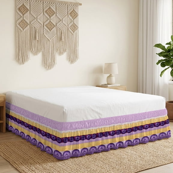Dessert Pattern Bed Skirt Bed Skirts Queen Size 16 Inch Drop, Cute Sweet Purple Cake Blueberry Slices Wrap Around Dust Ruffle Bedskirt with Adjustable Elastic Belt for Queen Size Beds