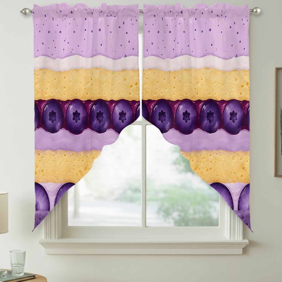 Dessert Pattern Swag Curtain Valances for Kitchen, Cute Sweet Purple Cake Blueberry Slices Rod Pocket Curtains Window Treatment Swag Valance for Bedroom Bathroom, 2 Panels 28 x 36 Inch