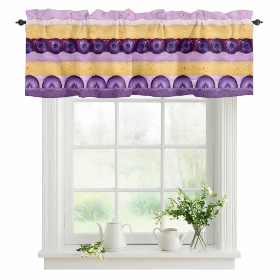 Dessert Pattern Valances for Windows, Cute Aesthetic Sweet Purple Cake Blueberry Slices Valance Rod Pocket Window Treatments Curtains for Kitchen Small Windows Living Room Bedroom Bathroom 42"x12"