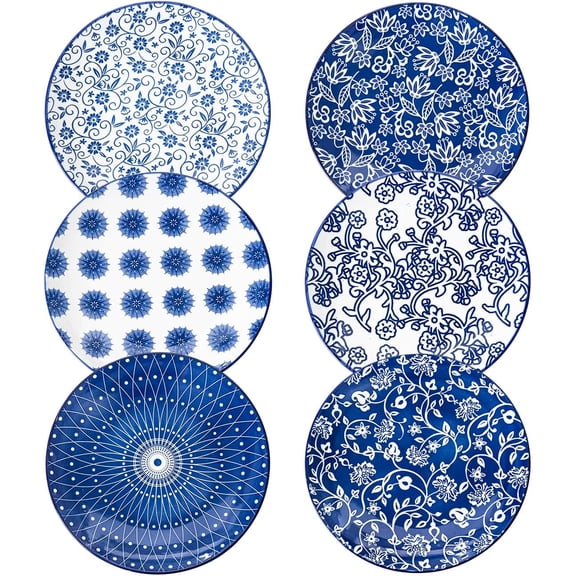 Dessert Plates Set - 6 Inch Small Appetizer Plates for Kitchen - Salad Plate for Cake Snacks Side Dish, Microwave Dishwasher Safe, Gift, Vintage Blue